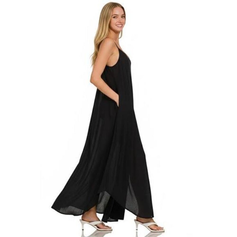 Zenana Woven Crinkle Cami Maxi Dress with Side Pockets - Picture 2 of 3